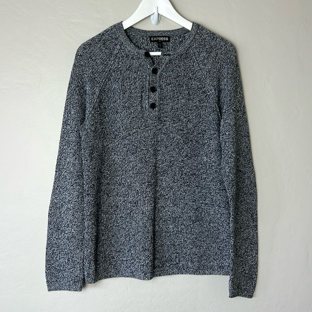 Express Mens Black/White Long Sleeve 4 Button Up Open Knit Sweater